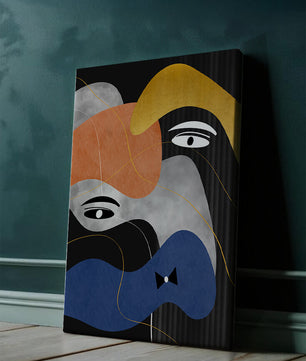 Abstract geometric art with bold colors and gold accents