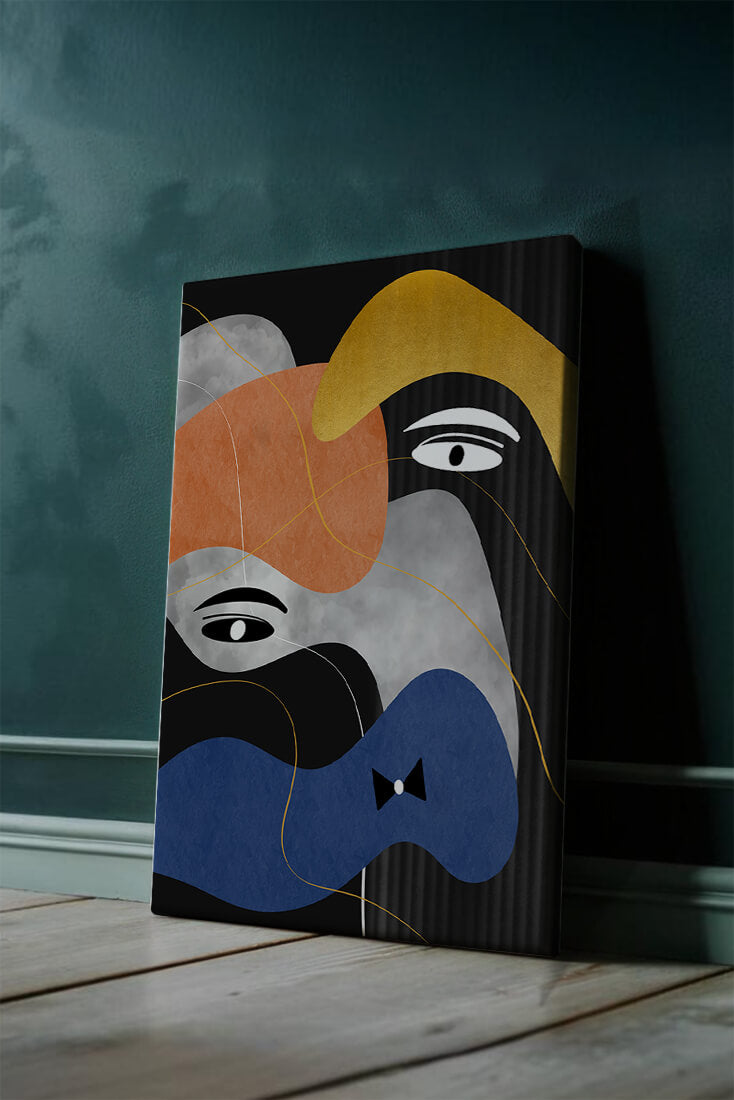 Abstract geometric art with bold colors and gold accents