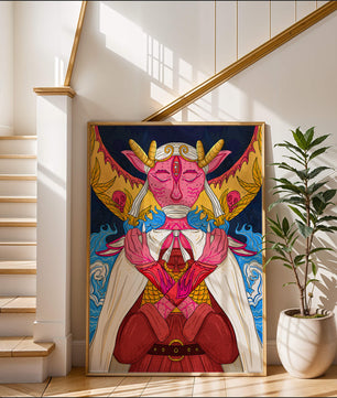 Surreal illustration of a mystical creature with golden horns and vibrant elements