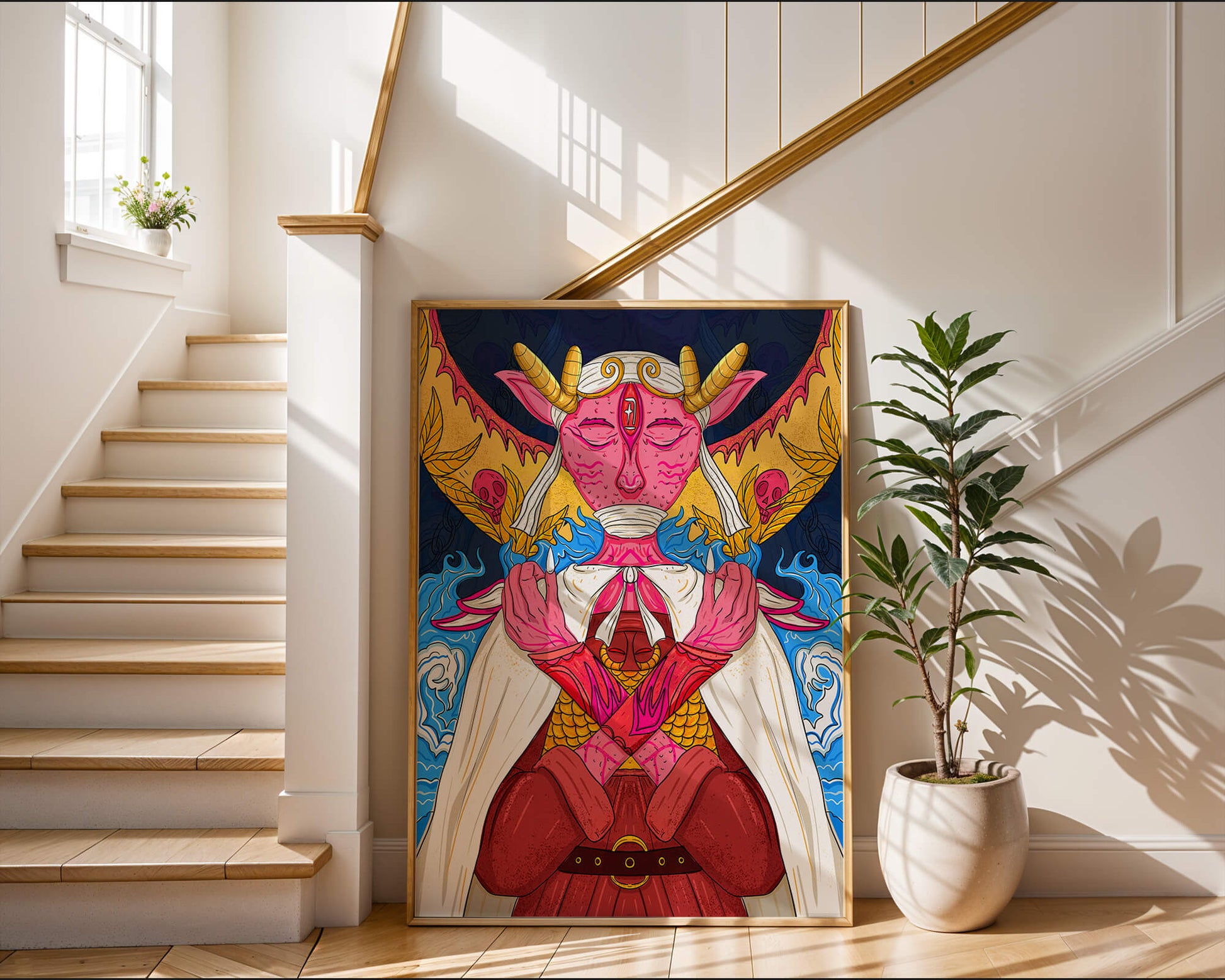 Surreal illustration of a mystical creature with golden horns and vibrant elements