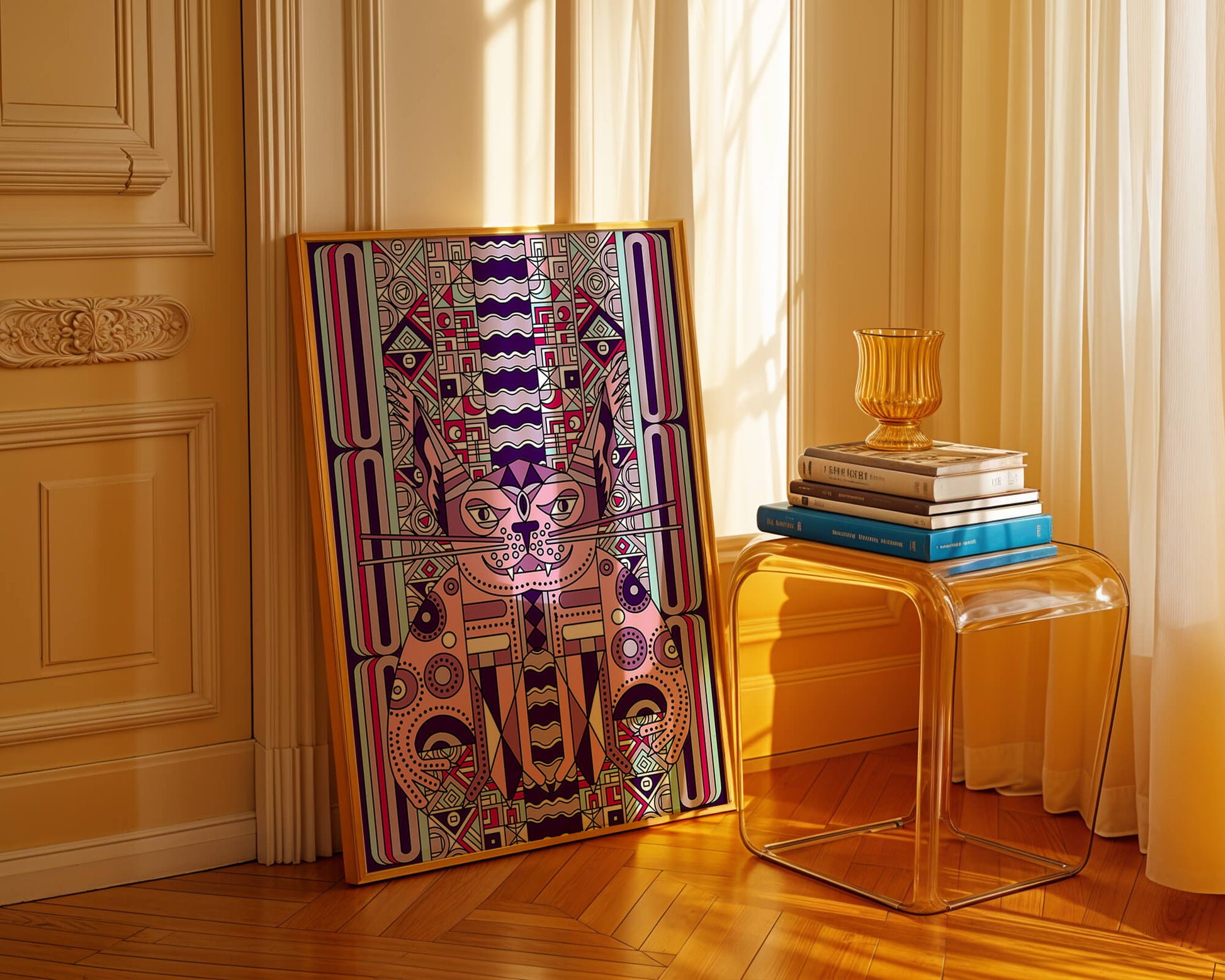 Geometric Art Deco Cat with Intricate Patterns