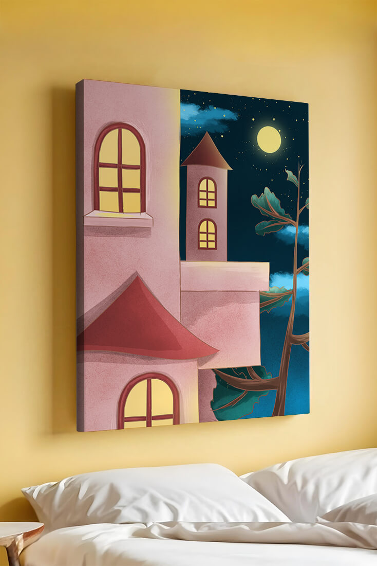 Castle with Arched Windows under Moonlit Sky