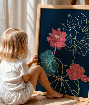 Vibrant Lotus Flowers on Dark Background with Gold Outline