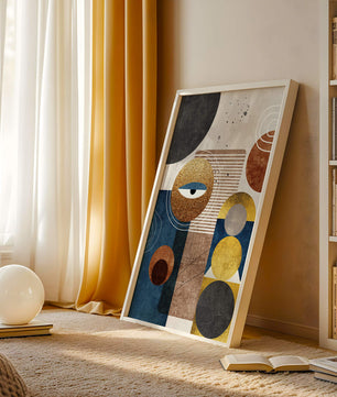 Obra de arte geométrica abstracta con elementos dorados y azules