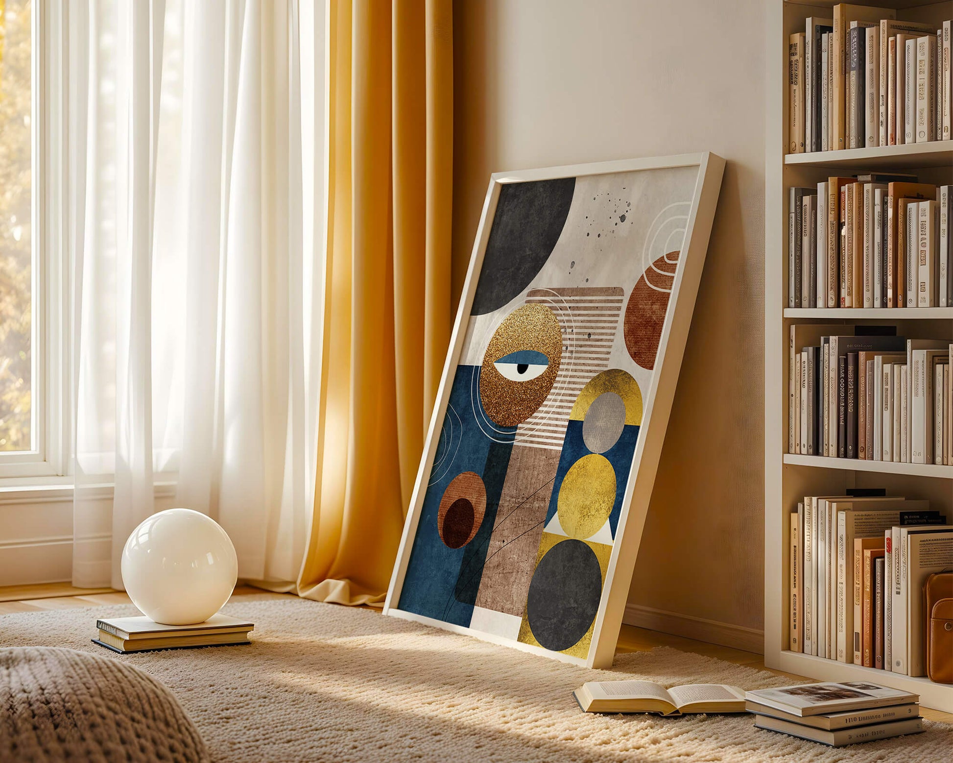 Abstract geometric artwork with gold and blue elements