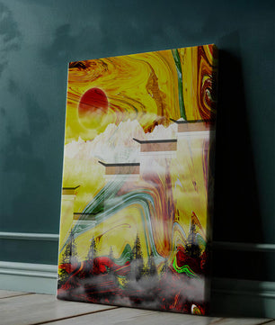 Abstract Landscape with Swirling Colors and Red Sun