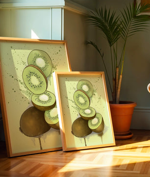 Watercolor illustration of sliced kiwi fruit with splashes