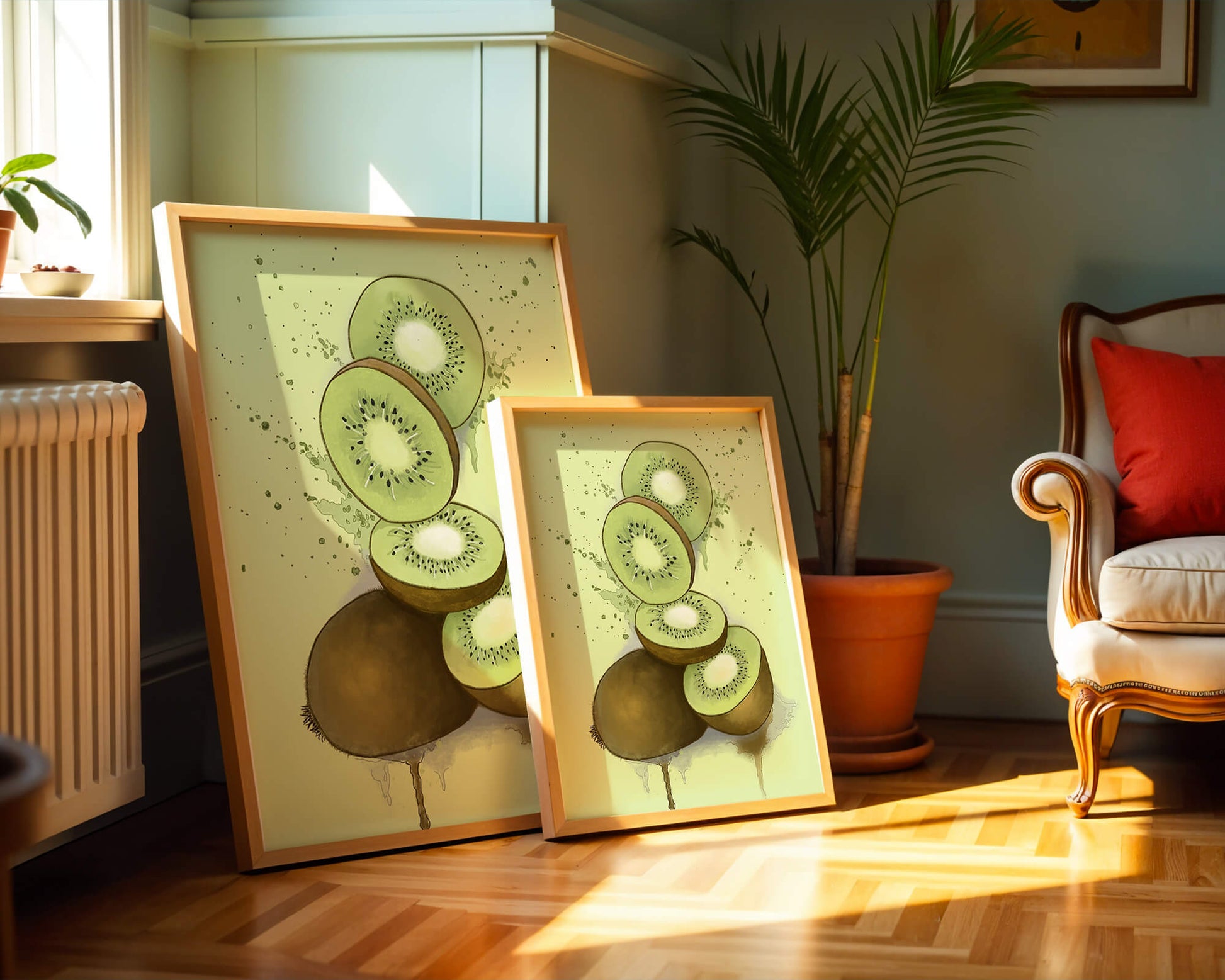 Watercolor illustration of sliced kiwi fruit with splashes