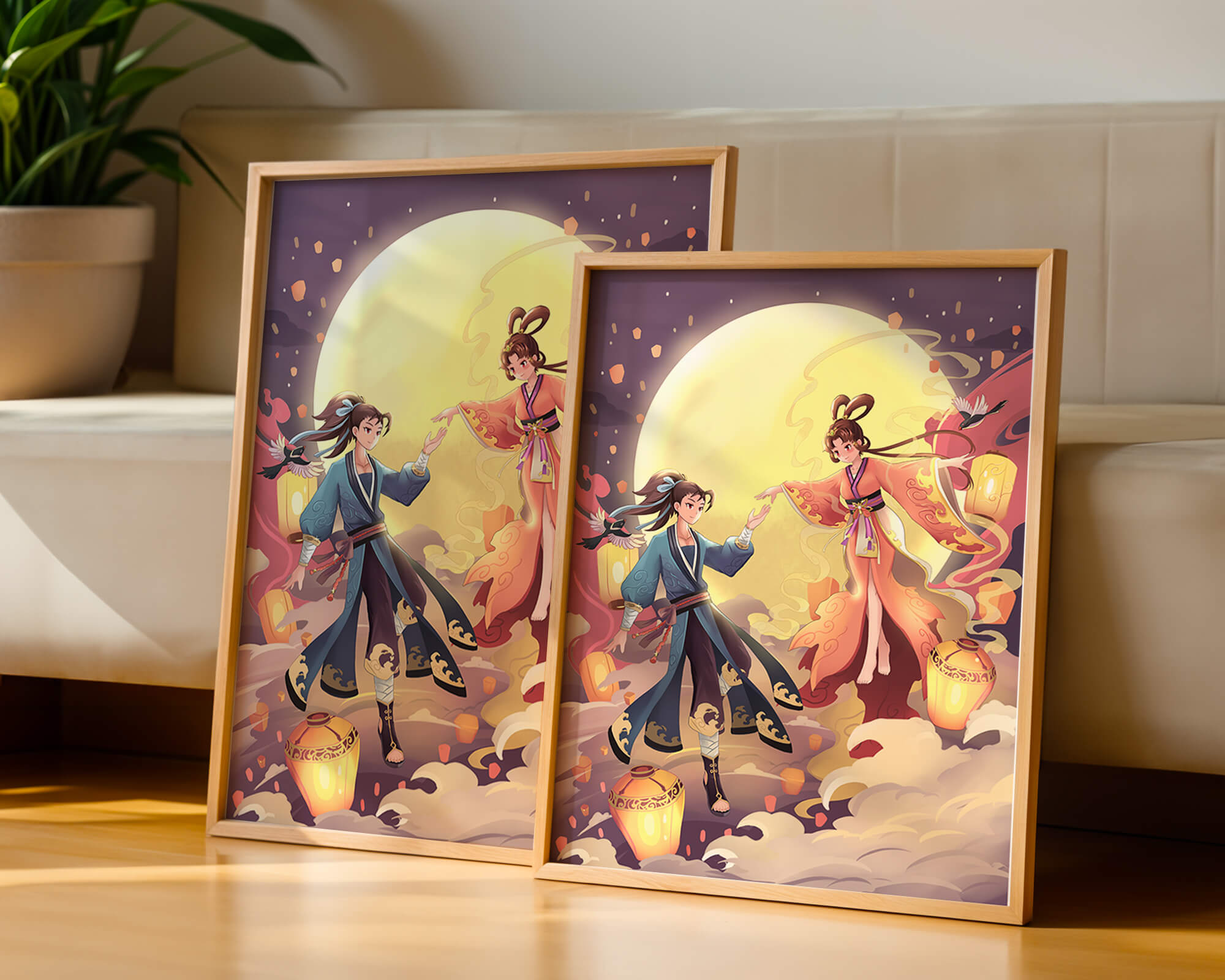 Elegant moonlit fantasy scene with traditional attire