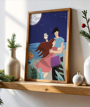 Pareja romántica abrazándose bajo una noche iluminada por la luna