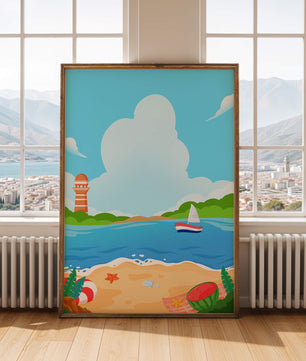 Escena costera de playa con faro y velero bajo un cielo azul claro