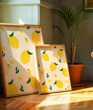 Playful lemon pattern with green leaves and abstract shapes