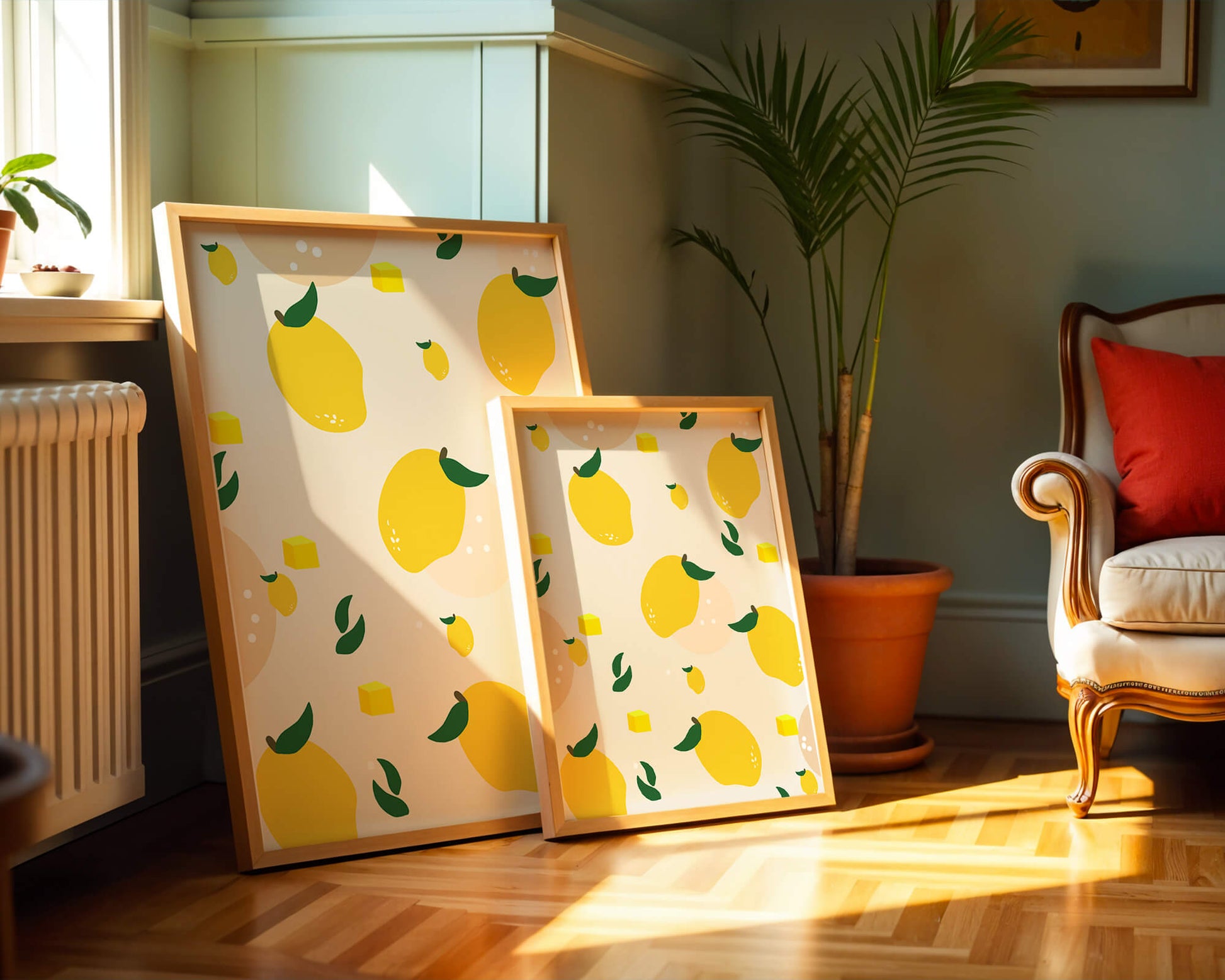 Playful lemon pattern with green leaves and abstract shapes