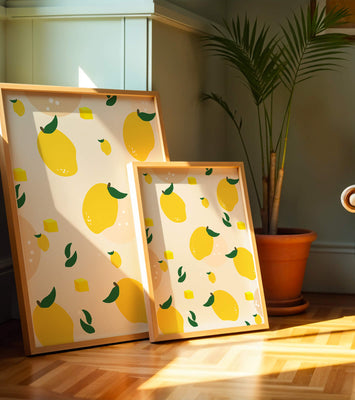 Playful lemon pattern with green leaves and abstract shapes