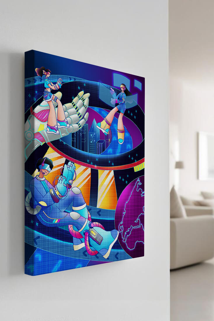 Realidad virtual futurista con obra de arte neón vibrante