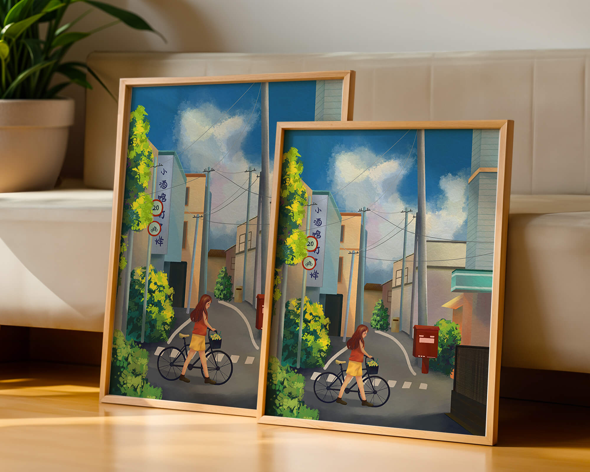 Young woman with bicycle in a quiet urban street