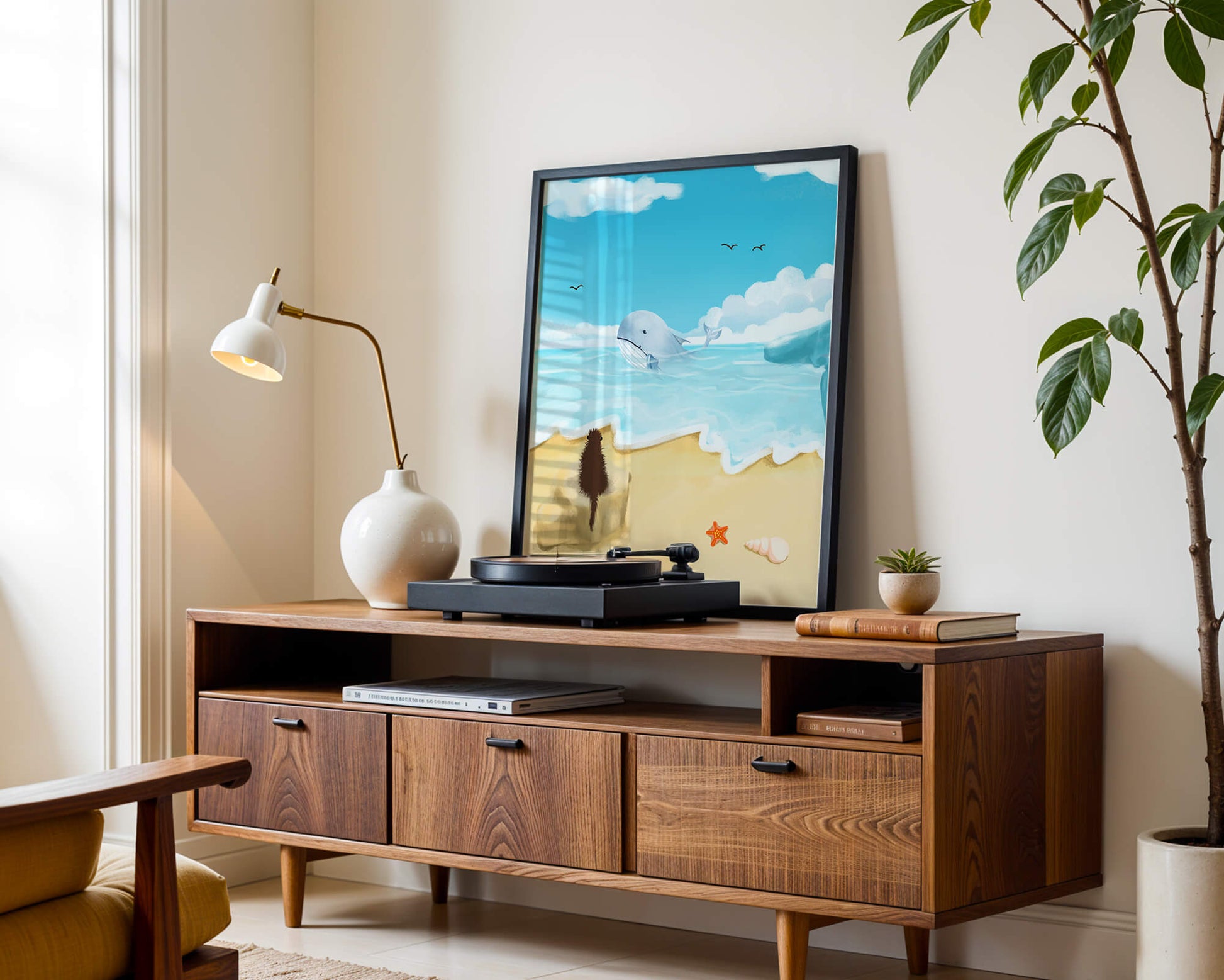 Vista al océano con ballena y elementos de playa