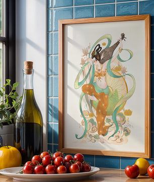 Elegant depiction of an Asian-inspired musician with floral and ribbon motifs