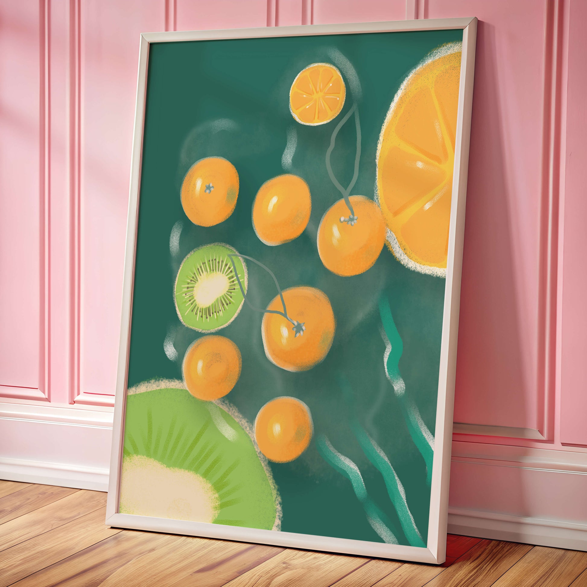 Vibrant kiwi and orange fruit pattern illustration