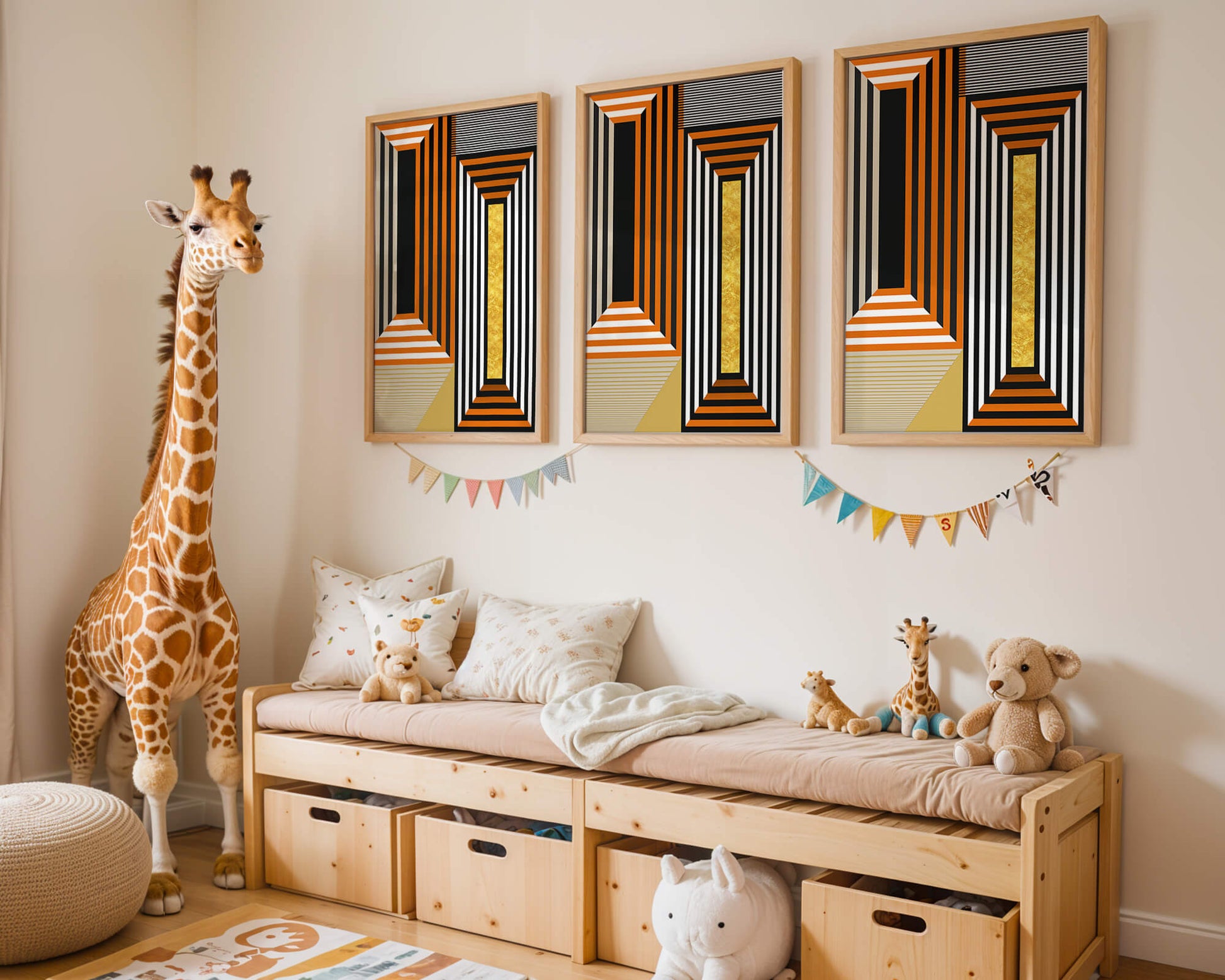 Geometric Abstract Art with Stripes and Gold Element in Orange, Black, and White