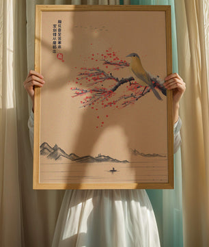 Traditional Chinese painting with bird and blossom branch over tranquil landscape