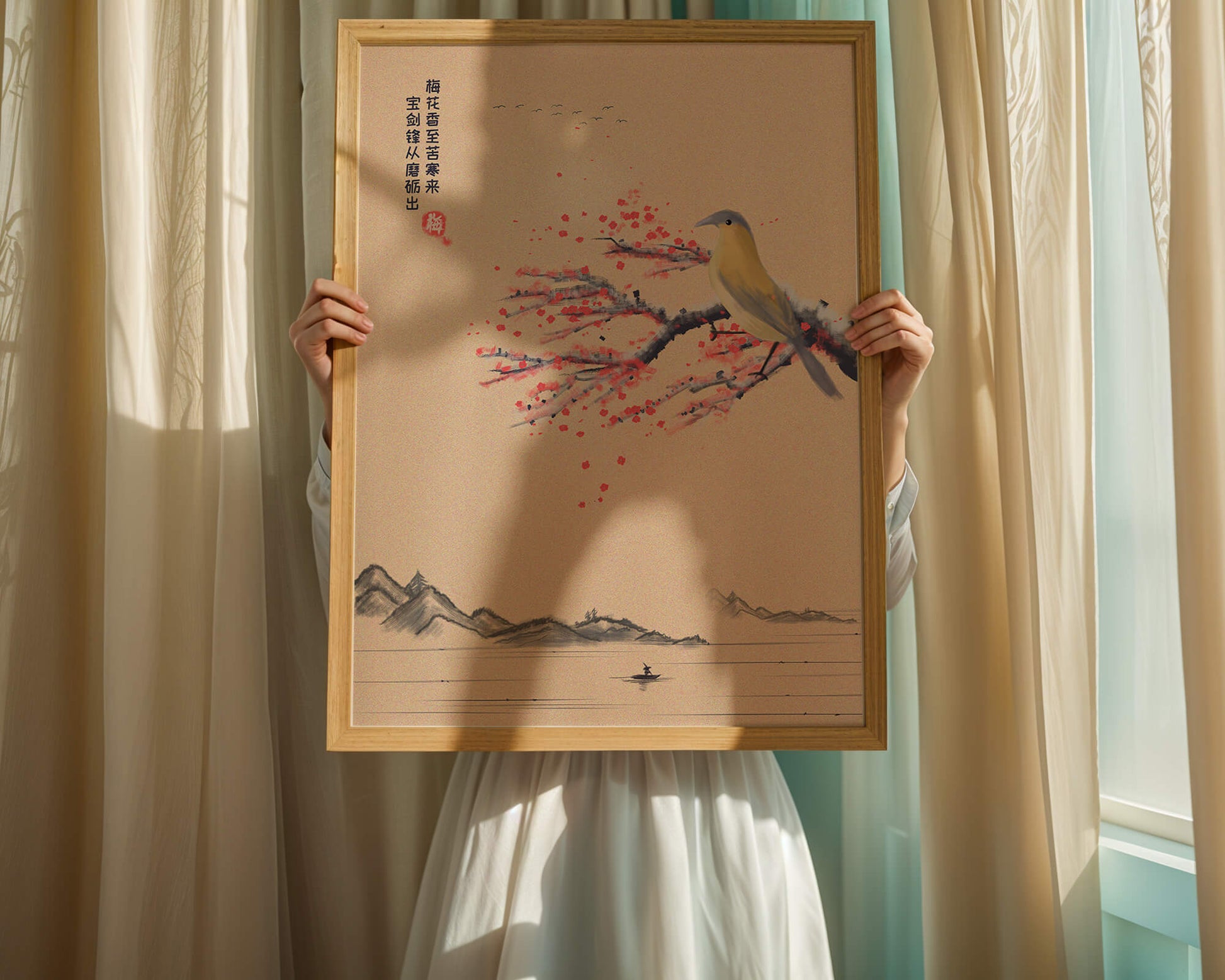 Traditional Chinese painting with bird and blossom branch over tranquil landscape