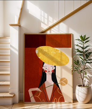 Elegant Woman with a Gold Hat and a Flower on a Red Background - Mi tienda