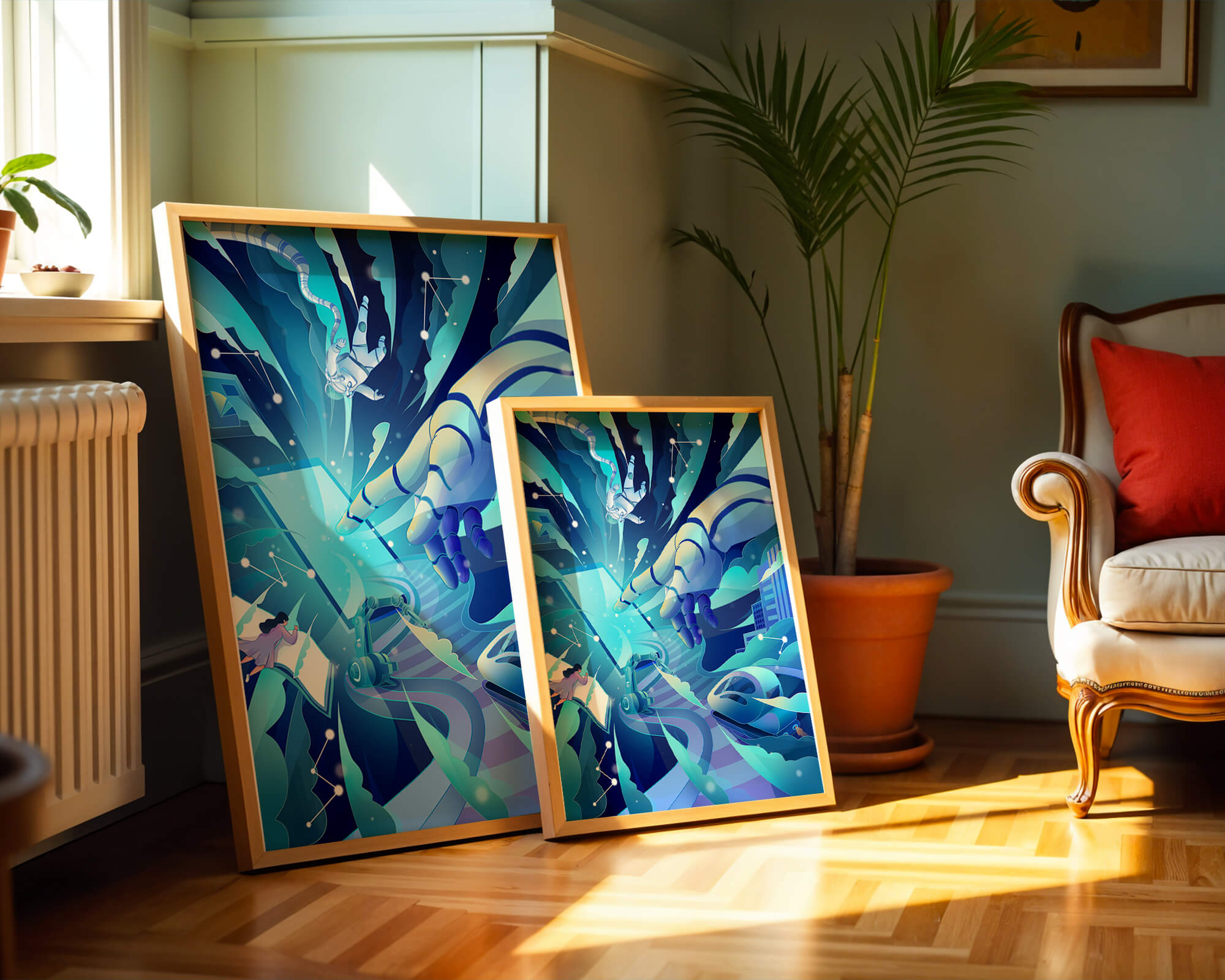 Futuristic digital artwork featuring astronaut and robotic hand in vibrant blue tones