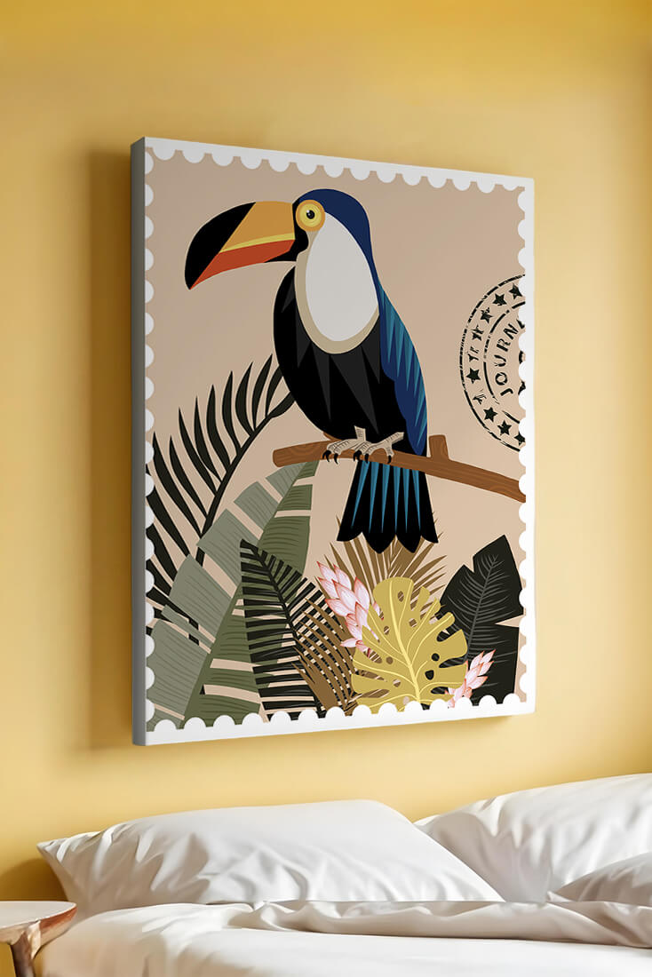 Colorful Toucan Surrounded by Tropical Leaves with Travel Stamp