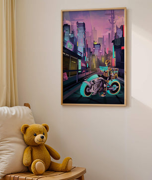 Futuristic Cyberpunk Cityscape with Neon Rider and Motorcycle