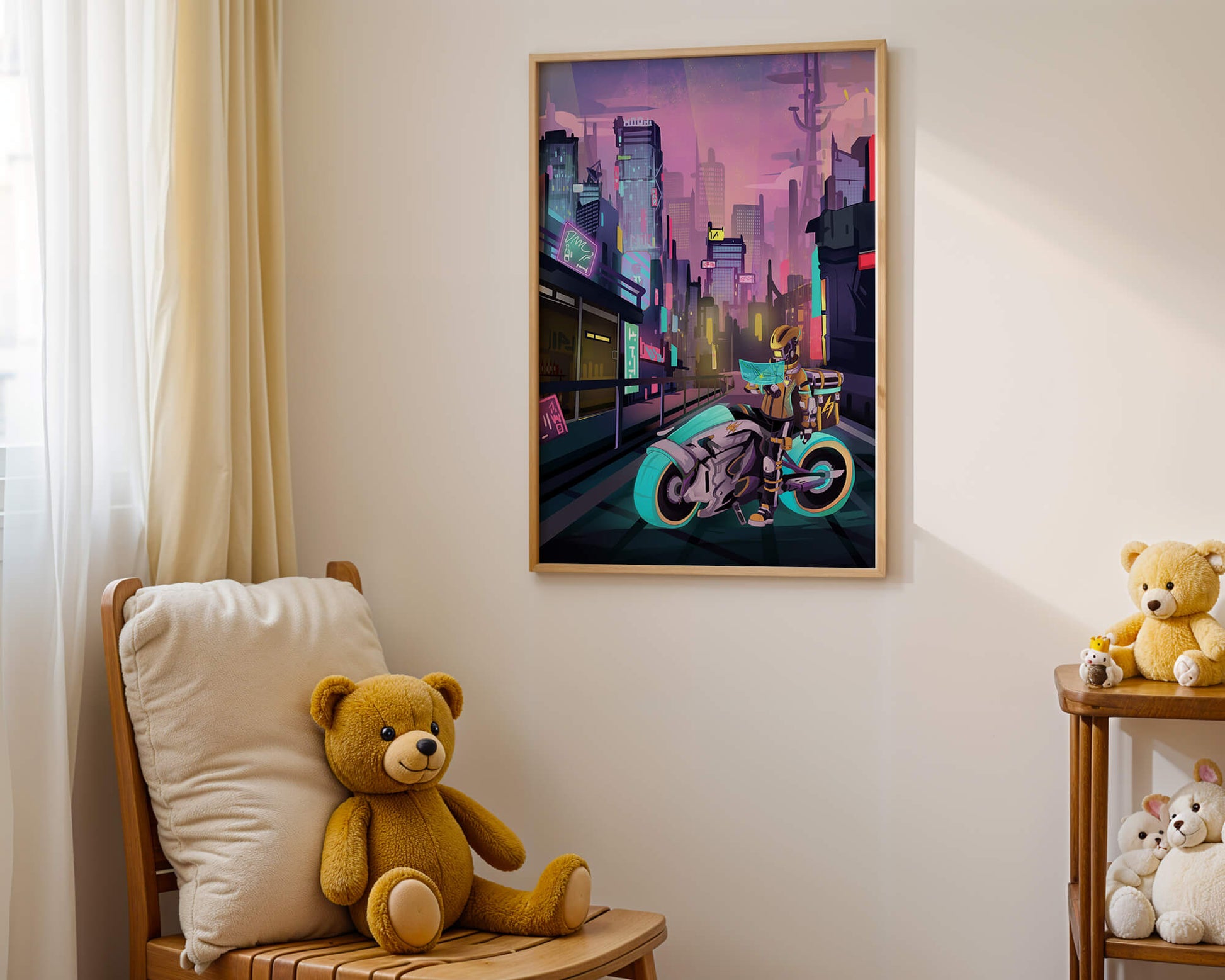 Futuristic Cyberpunk Cityscape with Neon Rider and Motorcycle