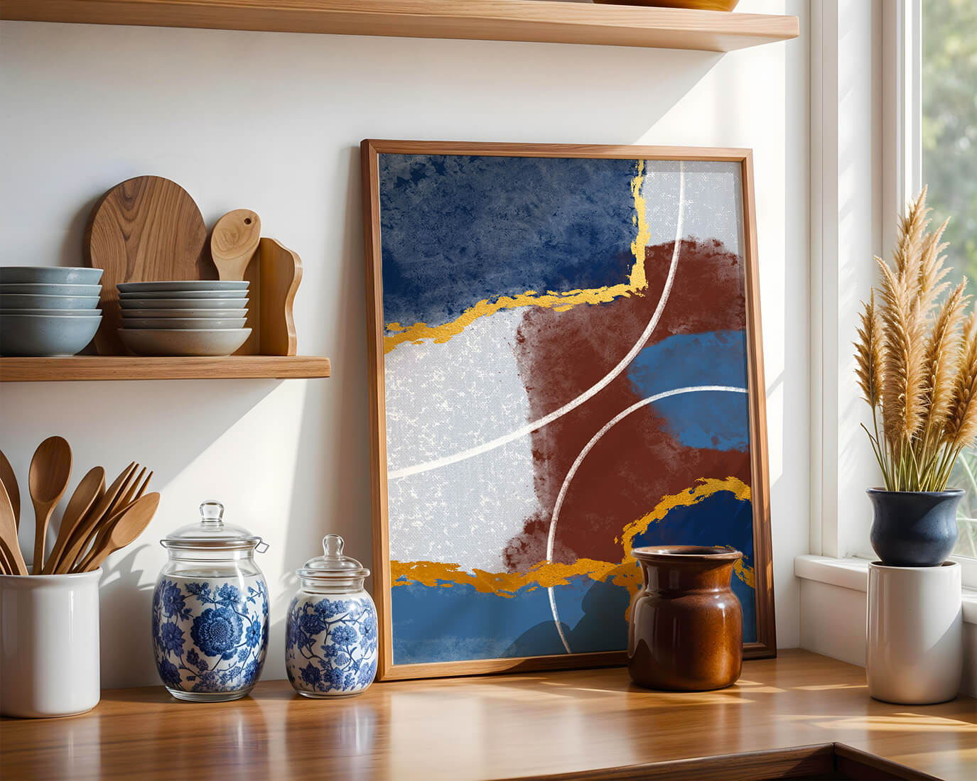Abstract painting with gold accents and geometric elements