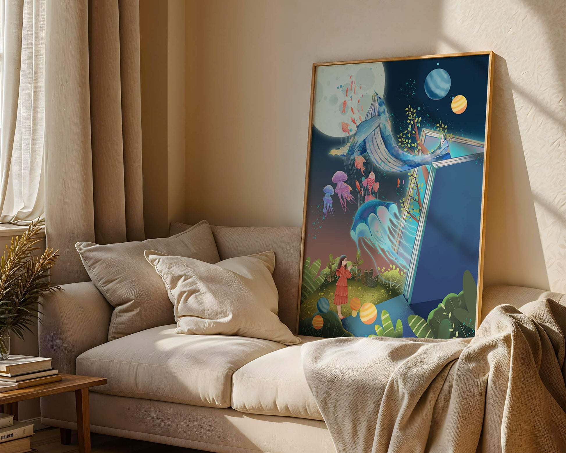 Surreal Ocean Life Emerging From a Book in a Dreamlike Forest Scene