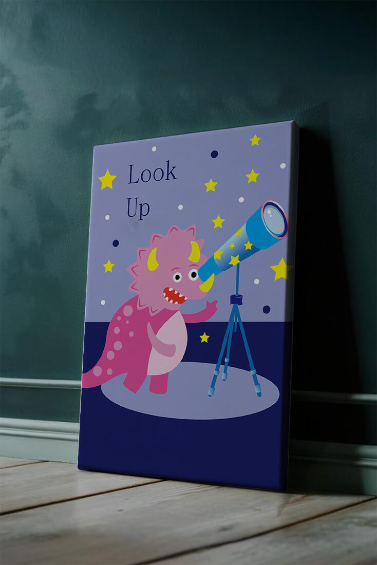 Pink cartoon dinosaur looking through a telescope with stars