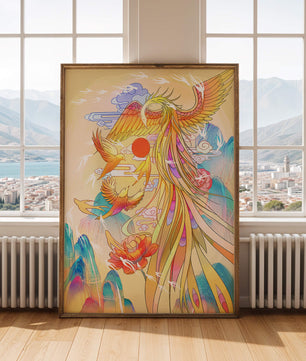 Colorful phoenix soaring in a dreamlike sky with vibrant flowers and mountains