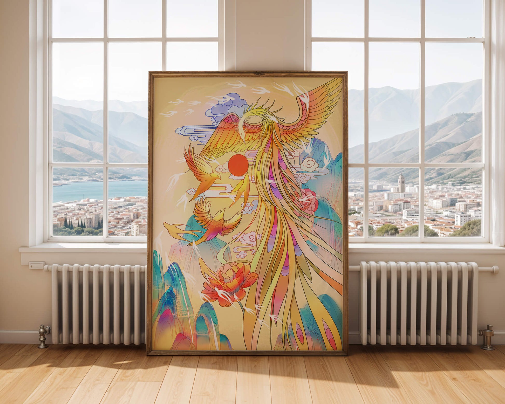 Colorful phoenix soaring in a dreamlike sky with vibrant flowers and mountains