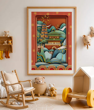 Paysage asiatique illustré avec des feux d'artifice et une architecture traditionnelle