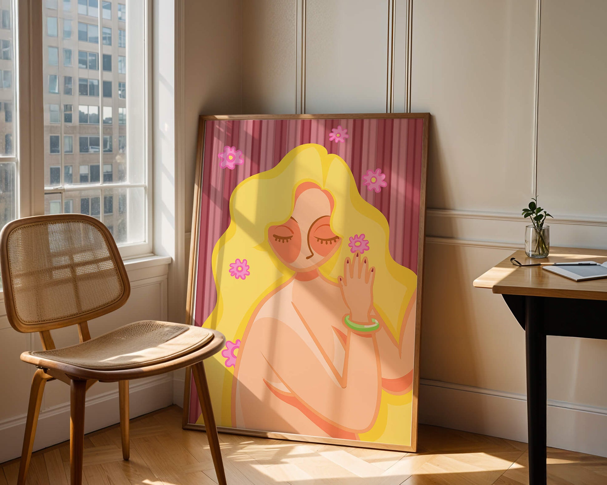 Ilustración abstracta de una mujer serena con el pelo largo y rubio y flores