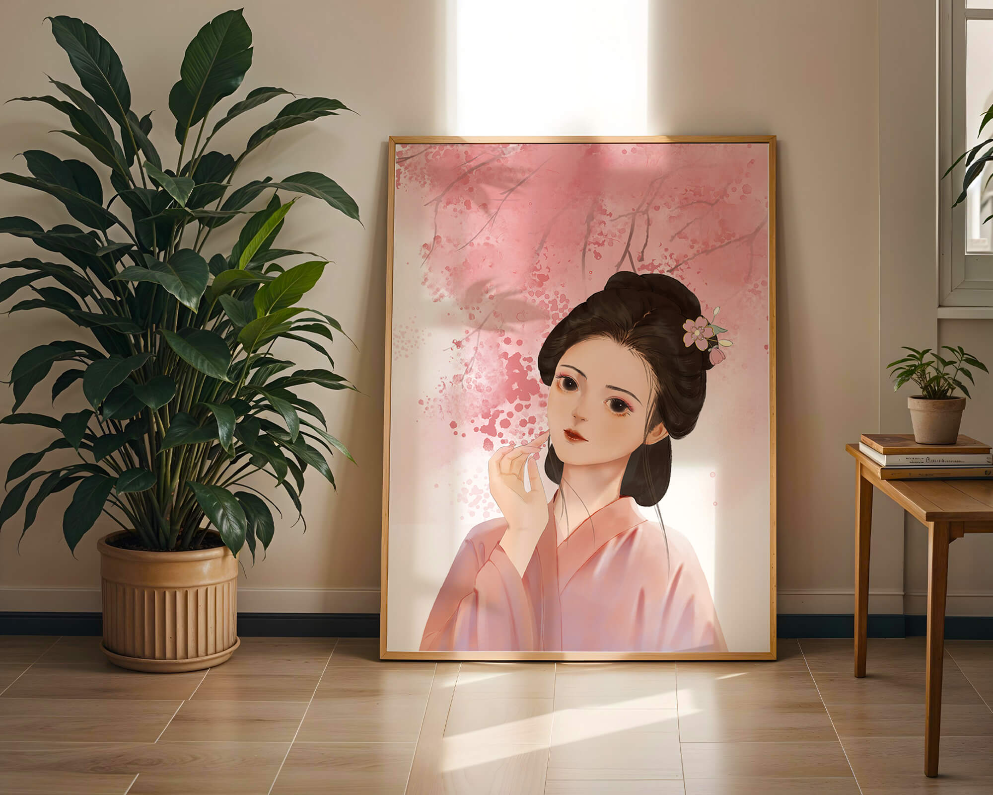 Traditional Japanese woman with pink cherry blossoms in the background