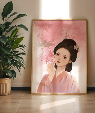 Femme japonaise traditionnelle avec des fleurs de cerisier roses en arrière-plan