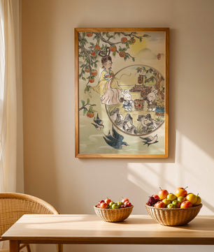 Charmante orientalische Szene mit Kaninchen, Mädchen und Kumquats in der Natur