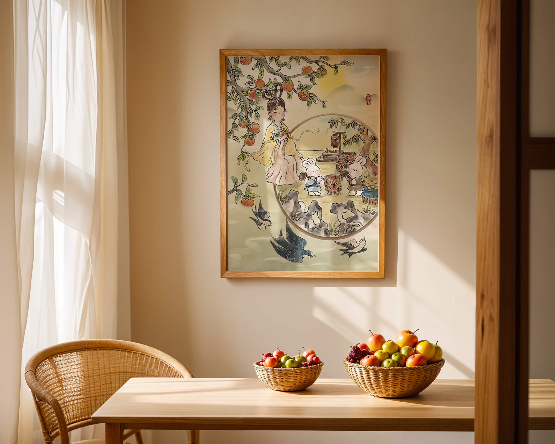 Charmante orientalische Szene mit Kaninchen, Mädchen und Kumquats in der Natur