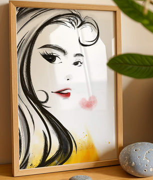 Dibujo de retrato elegante con labios rojos y motivo de corazón