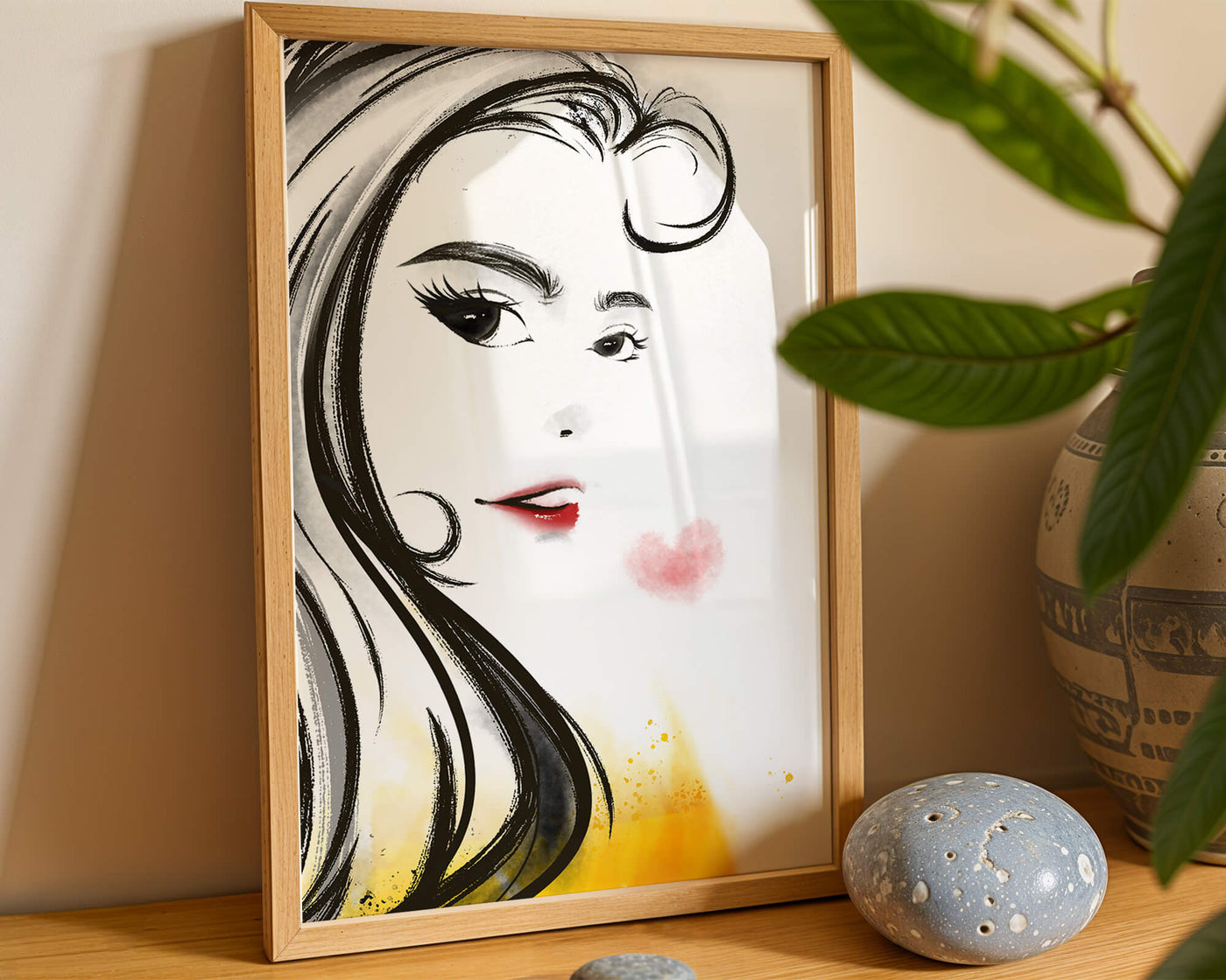 Elegant portrait sketch with red lips and a heart motif