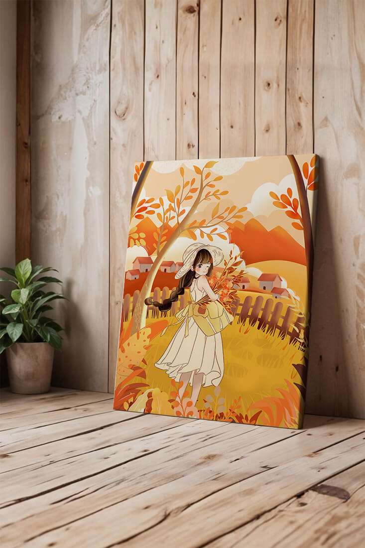 Illustration of a Girl in a Yellow Dress in Autumn Scenery