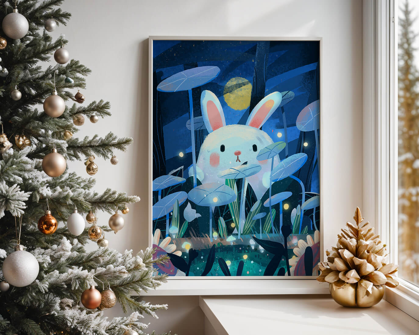 Cute rabbit in a dreamy moonlit forest