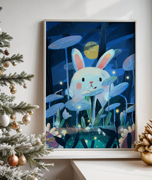 Cute rabbit in a dreamy moonlit forest