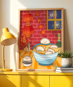 Festive Dumpling Illustration with Lanterns and Fireworks - Mi tienda