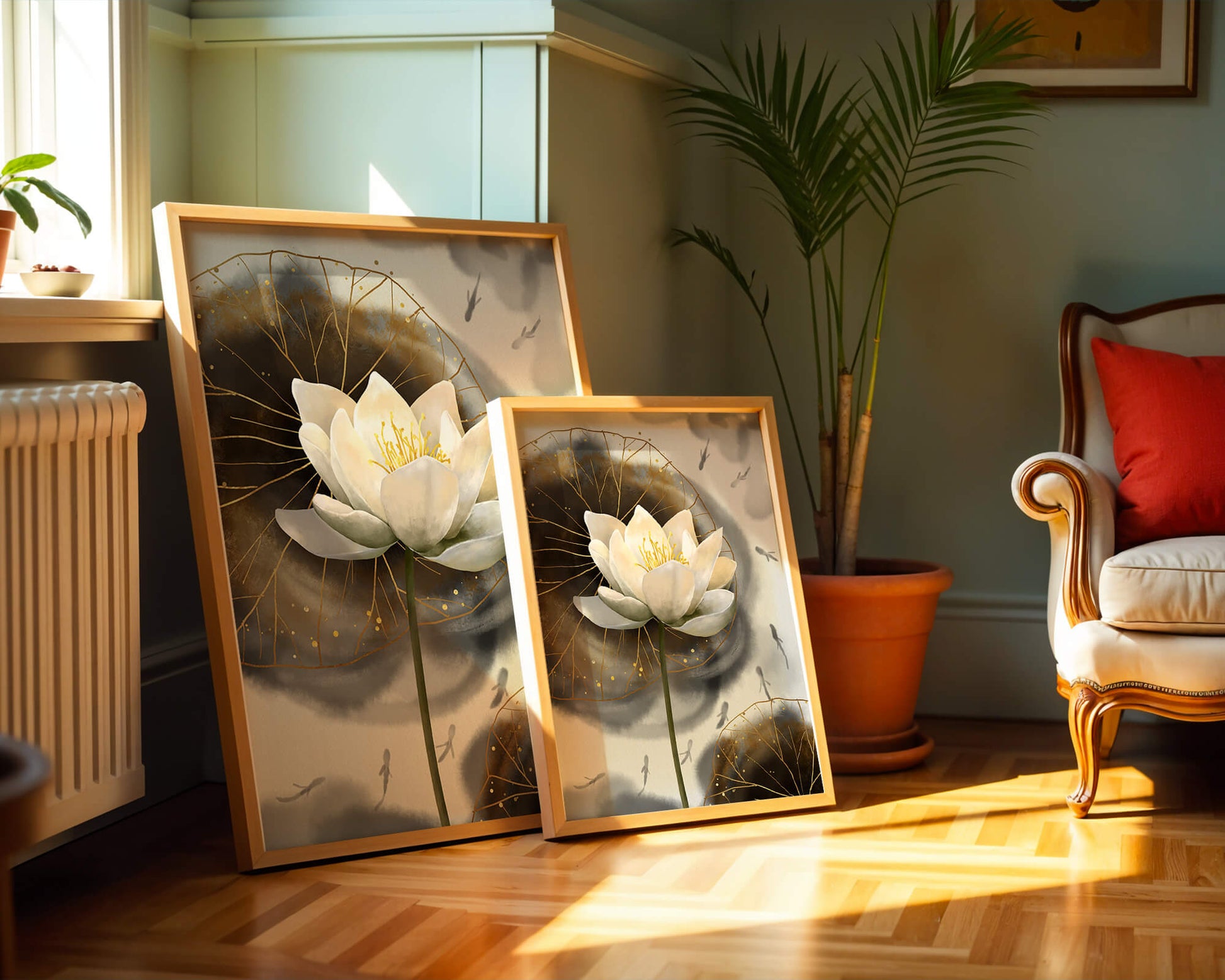 Illustration of a lotus flower with golden accents