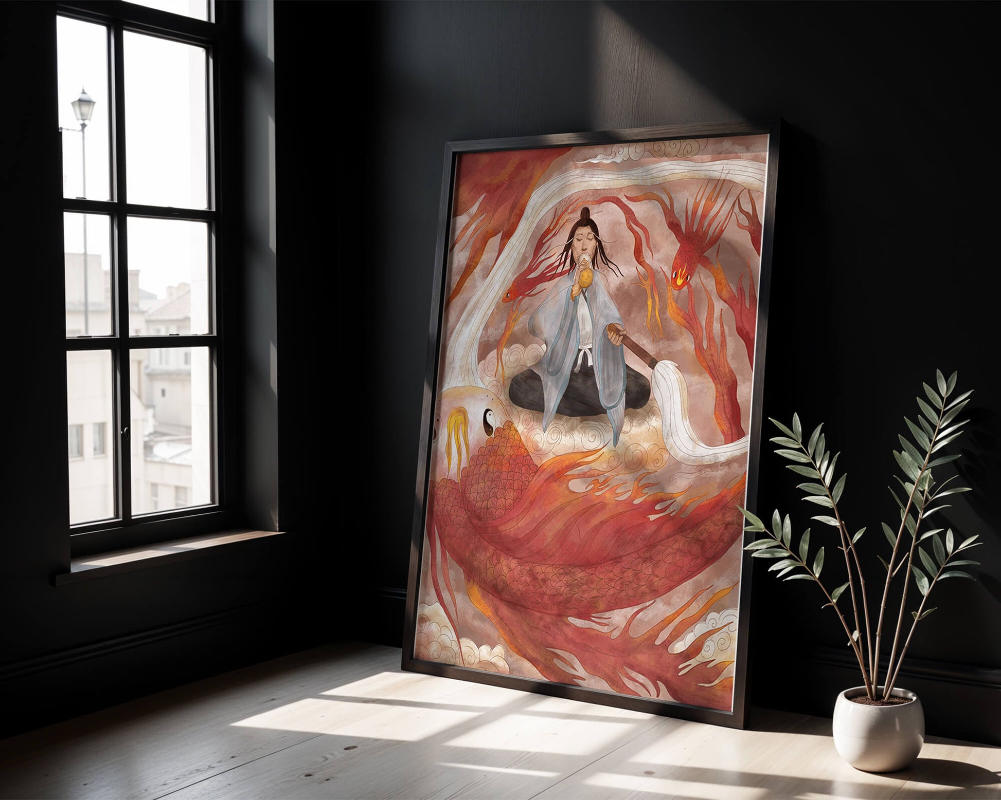 Serene meditation with mystical elements and mythical creatures